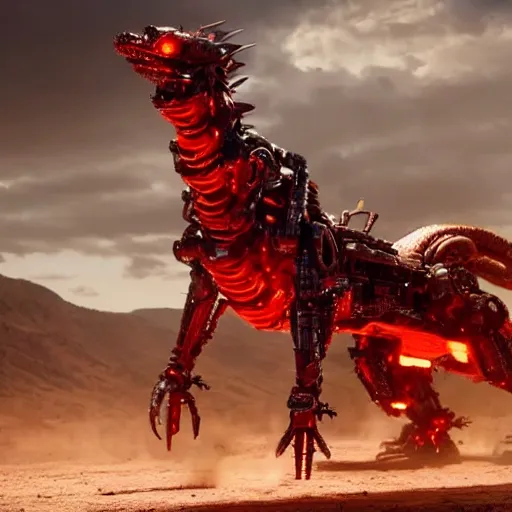 Image similar to cinematic still of westworld, a full body red stunning intricate si - fi robotic fantasy dragon, well armored mech dragon, highly detailed