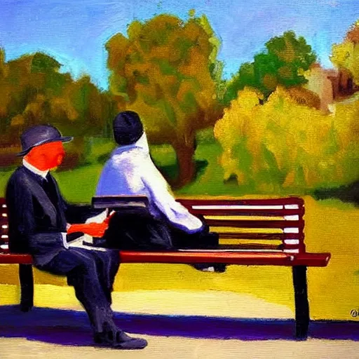 Prompt: man sitting on park bench next to the grim reaper peaceful oil painting by Lawrence G. Paull sunny afternoon