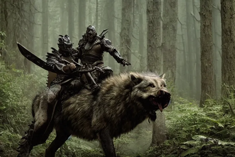 Image similar to vfx movie closeup detailed ancient armored warrior orc hunting riding large wolf in the forest, natural lighting by emmanuel lubezki