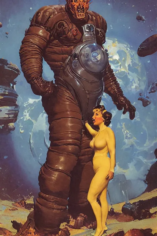 Image similar to full body portrait of fat dorian yates as demon chief standing beside elegant space woman in latex spacesuit, by norman rockwell, jack kirby, jon berkey, earle bergey, craig mullins, ruan jia, jeremy mann, tom lovell, marvel, astounding stories, 5 0 s pulp illustration, scifi, fantasy, artstation creature concept