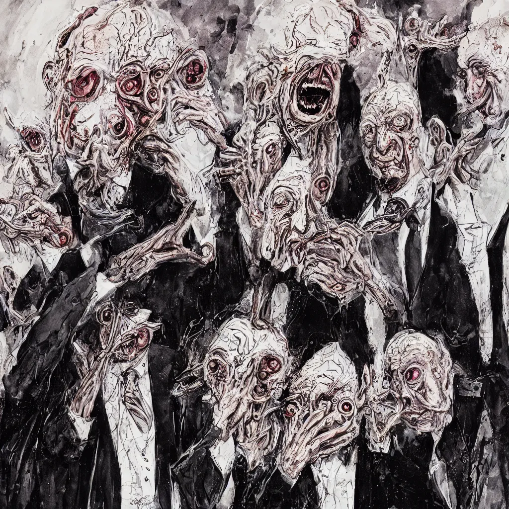 Image similar to Jacob Rothschild and george soros by Ralph Steadman, illustration, body horror, biopunk, 8k , trending on artstation