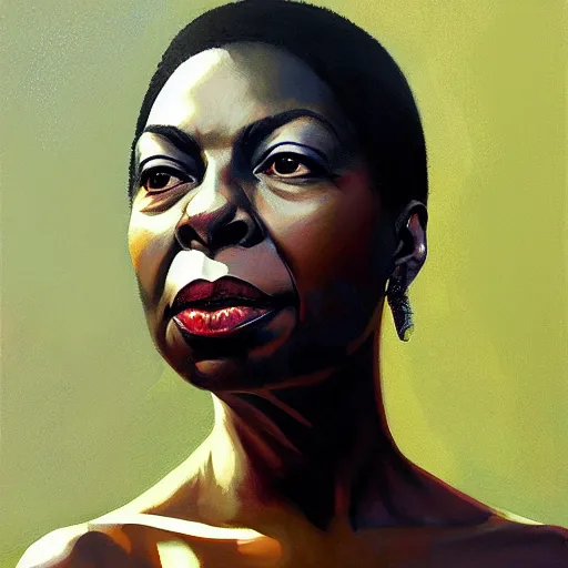 Image similar to of an ultradetailed beautiful portrait panting of nina simone, front view, oil painting, by ilya kuvshinov, greg rutkowski and makoto shinkai