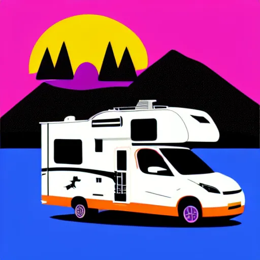 Image similar to minimal vector art sticker of a white and black cute thor chateau! motorhome camper!!, highway, mountains and colorful sunset!!, dramatic, warm bright colors, thick lines, very minimal vector art, sticker!! by tom whalen