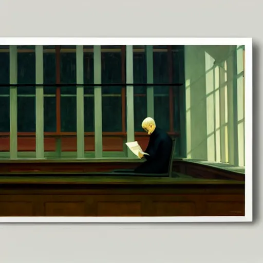 Prompt: painting of an empty library, only a lone man reading. by edward hopper and james gilleard