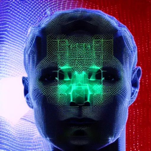 Image similar to a 3d human head made up of shiny holograms