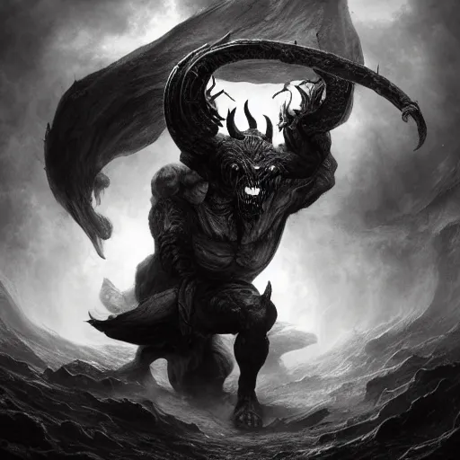 Image similar to full body, grayscale, muscled humanoid balrog demon, horns, claws, large horned tail, heroic pose, swirling flames, Sorie Kim, Gustave Dore, Greg Rutkowski,