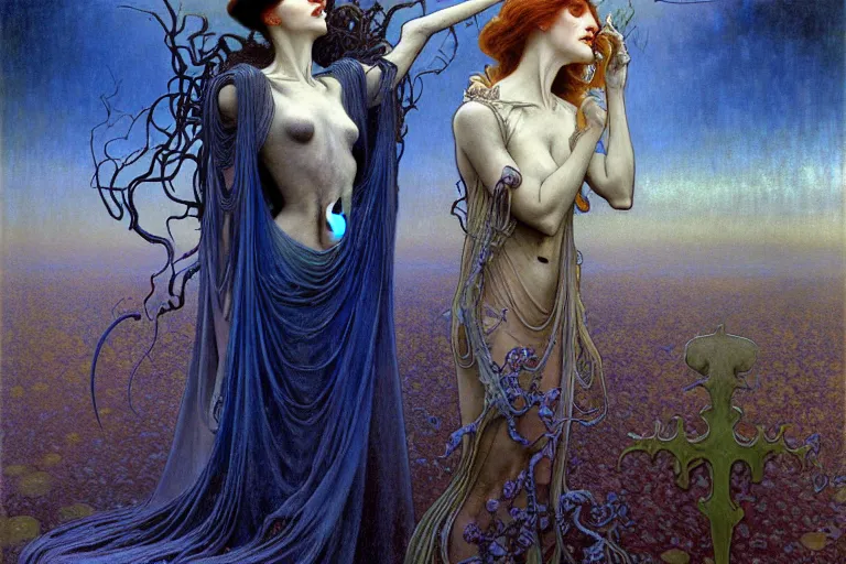 Image similar to realistic detailed portrait painting of a beautiful ghost woman with a male zombie, nightly graveyard landscape background by Jean Delville, Amano, Yves Tanguy, Alphonse Mucha, Ernst Haeckel, Edward Robert Hughes, Roger Dean, masterpiece, cinematic composition, dramatic pose, 4k details, rich moody colours, blue eyes