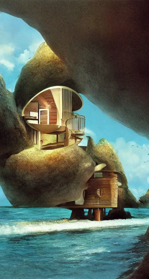 Image similar to seashell house where a hermit girl lives, atmospheric cinematography by syd mead and emmanuel lubezki