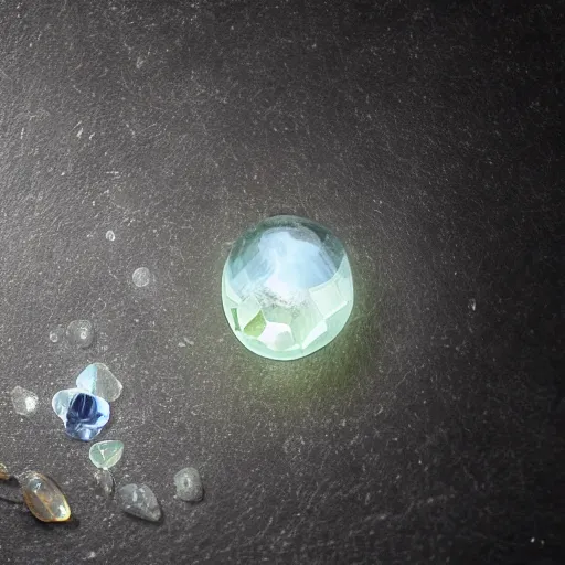 Image similar to light refraction from a mineral rock, in a dark studio room. magical and fantasy material, orb, polished. Some colorful smoke steaming out of it. Mineral auctions, mineral collections, rare mineral. rare raw metal.