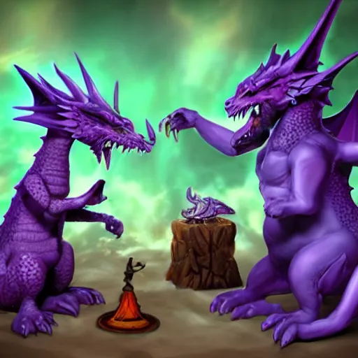 Image similar to purple dragon taming a gnome, fantasy illustration