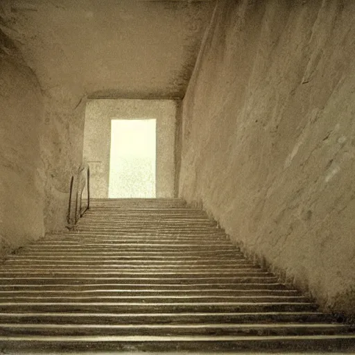 Image similar to a staircase on a desolate plain. the stairs lead nowhere Cinematic focus, fujicolor photo, vintage, neutral colors, soft lights, foggy, panorama by by Serov Valentin, by lisa yuskavage, by Andrei Tarkovsky