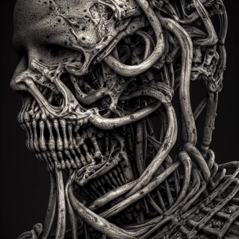 Image similar to ribbed spinal robot face portrait, baroque painting, standing in a desolate empty wasteland, creepy, nightmare, dream-like heavy atmosphere, surreal abandoned buildings, beautiful detailed intricate insanely detailed octane render, 8K artistic photography, photorealistic, chiaroscuro, Raphael, Caravaggio, Beksinski, Giger