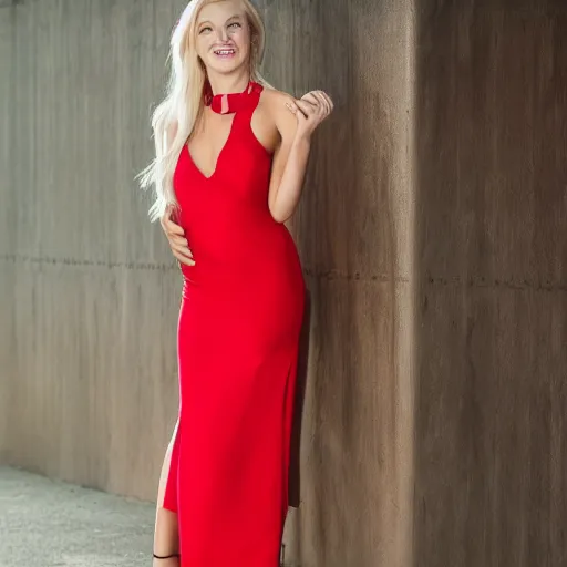 Image similar to photo of slim girl model, blonde, smiling , 20yo, wearing a red dress with high slit, high detail, studio, sharp, 85mm sigma art lens