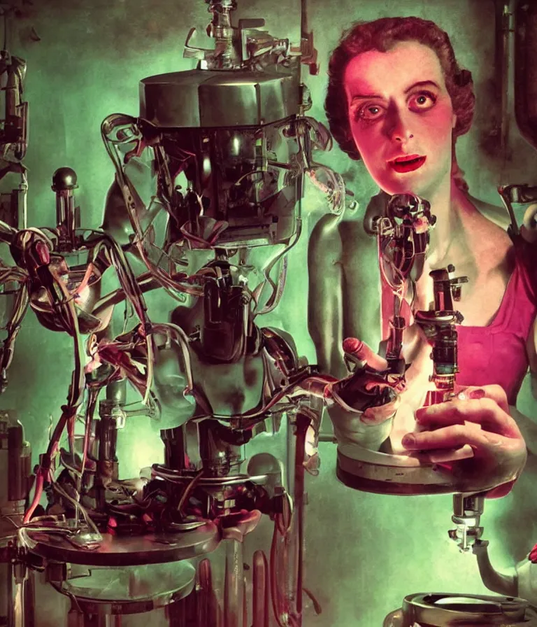 Prompt: a female mad scientist woman building a humanoid robot - man, in a darkly lit laboratory room, 1 9 5 0 s horror movie poster style, ( norman rockwell oil painting ), tight shot, close - up shot, retro science fiction, vintage, saturated pink and green lighting, shadowy lighting, cohesive