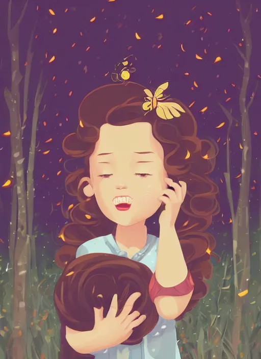 Image similar to little girl with short wavy curly light brown hair chasing fireflies in the woods. clean cel shaded vector art. shutterstock. behance hd by lois van baarle, artgerm, helen huang, by makoto shinkai and ilya kuvshinov, rossdraws, illustration, art by ilya kuvshinov