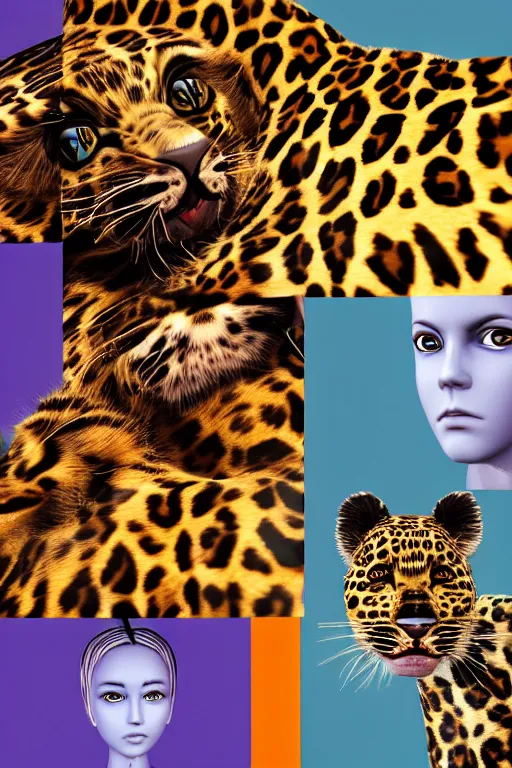 Image similar to 8K UHD Redshift render, Poser, 🐾wave, 🙀facecore, 🐯punk leopard panther, long wavy fur, bright eyes, long fangs, medium full shot, animal photography, anime, cartoon, Korean folk art
