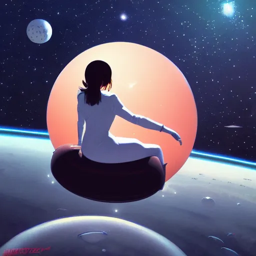 Image similar to ilya kuvshinov art of a woman floating in space