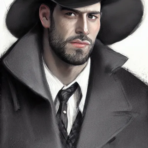 Image similar to portrait of a detective, zoomed in, noir, fedora, tweed coat, confident, handsome, heavy shading, vintage, high quality, by artgerm, artstation, ( ( ( by ilya repin ) ) )