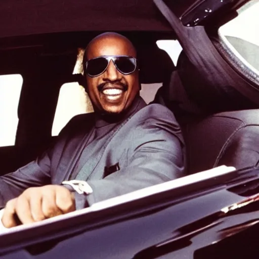 Prompt: photo of Stevie Wonder driving a car