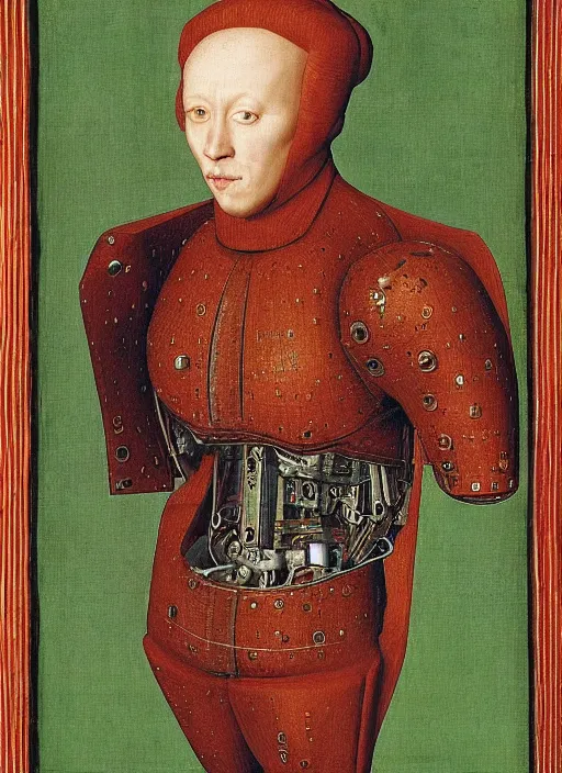 Prompt: a portrait of a half-human, half-machine cybord by Jan van Eyck