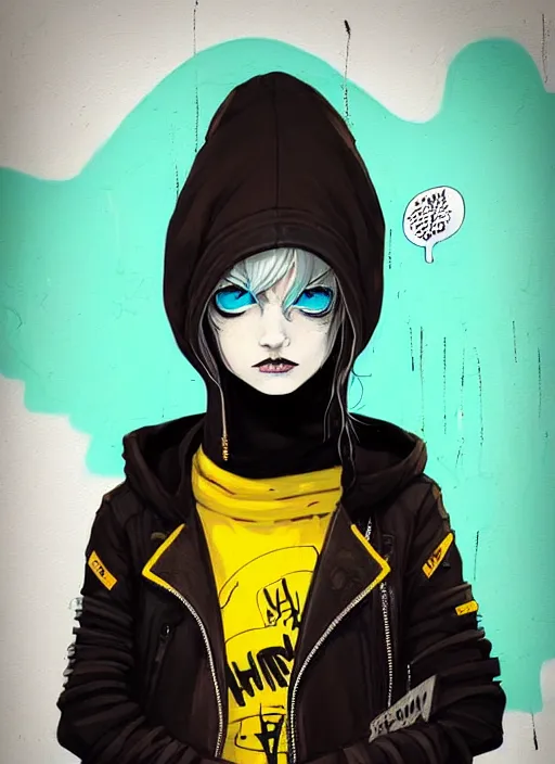Prompt: highly detailed portrait of a sewer punk lady student, blue eyes, leather hoody, hat, white hair by atey ghailan, by greg tocchini, by james gilleard, by kaethe butcher, gradient yellow, black, brown and cyan color scheme, grunge aesthetic!!! ( ( graffiti tag wall background ) )