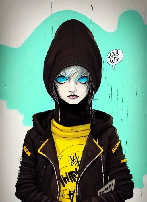 Image similar to highly detailed portrait of a sewer punk lady student, blue eyes, leather hoody, hat, white hair by atey ghailan, by greg tocchini, by james gilleard, by kaethe butcher, gradient yellow, black, brown and cyan color scheme, grunge aesthetic!!! ( ( graffiti tag wall background ) )