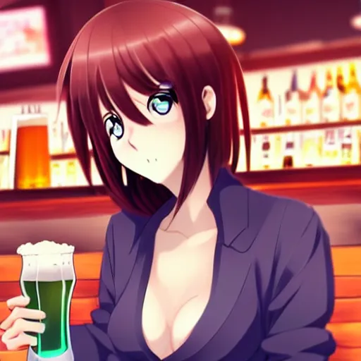 Image similar to Wholesome and masculine looking anime girl at a bar drinking a beer, warm glow from the lights, angle that looks up at her from below, deviantart, pixiv, detailed face, smug appearance, beautiful anime, obviously drunk with reddish cheeks, detailed anime eyes with pupils, in the style of 90s anime