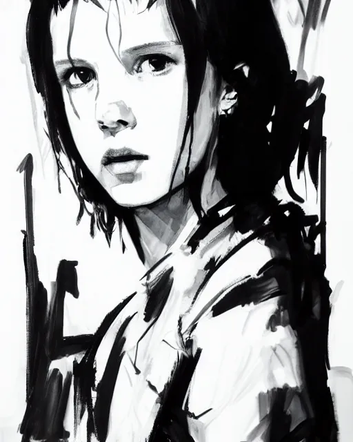 Image similar to close up portrait of millie bobby brown by yoji shinkawa, black and white, dramatic lighting