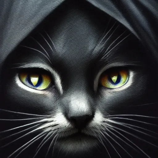 Image similar to a portrait of a kitten wearing a black hood, cloak covering face, anatomically correct, beautiful perfect face, enigmatic, oil painting, matte, black background, Volumetric dynamic lighting, Highly Detailed, Cinematic Lighting, Unreal Engine, 8k, HD, by Beksinski