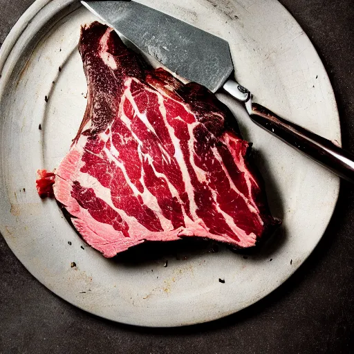 Prompt: photo of a expensive tomahawk steak, beautifully lit, food photography, 35mm, f/1.3, award winning, in the style of dennis prescott