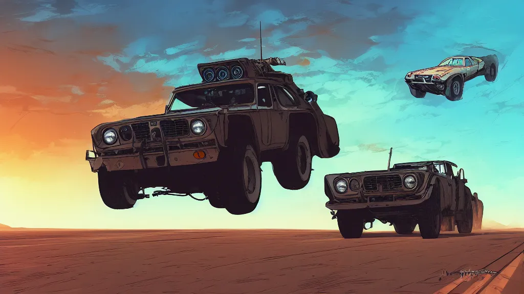 Image similar to digital illustration of mad max's fj 4 0 pursuit special, the last v 8 interceptor driving down a deserted valhalla highway in the middle of the day by studio ghibli, anime style year 2 0 9 3, by makoto shinkai, ilya kuvshinov, lois van baarle, rossdraws, basquiat