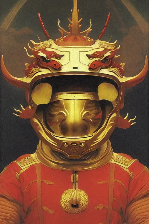 Image similar to a astronaut his face is chinese dragon head, in armor and chinese dragon helmet, by bouguereau