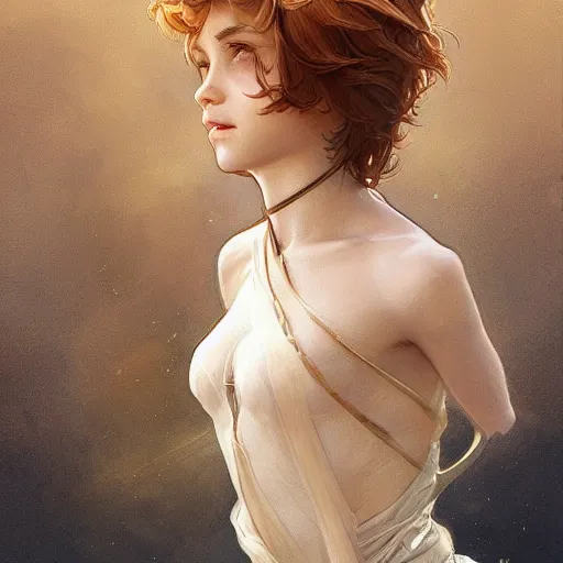 Prompt: young boy, light hair, gorgeous, son of peter pan, amazing, feminine, elegant, intricate, highly detailed, digital painting, artstation, concept art, sharp focus, illustration, art by artgerm and greg rutkowski and alphonse mucha