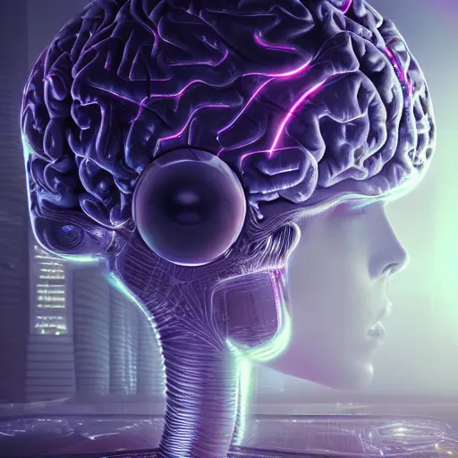 Prompt: a huge ever growing pulsating brain that rules from the centre of the underworld, hyperrealism, h. u. d, holograph, 8 k, highly detailed, cyberpunk, octane render, volume light, unreal engine, sci - fi, psychedelic