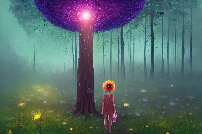 Image similar to giant daisy flower on head, girl walking in forest, big trees, surreal photography, dark night, stars, moon light, impressionist painting, clouds, digital painting, artstation, simon stalenhag