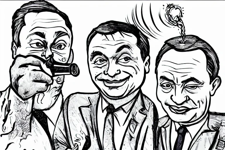 Image similar to viktor orban winking and drinking champagne with putin in front a burning city, line art