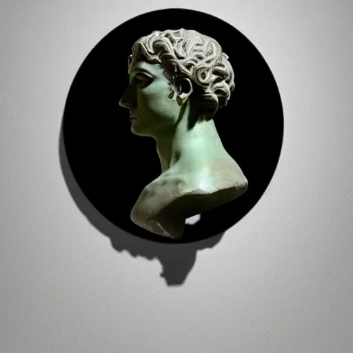 Image similar to a 3 d neon ring surrounding a renaissance statue head