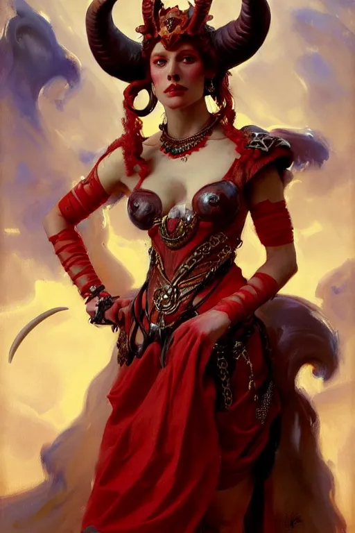 Image similar to painted close - up portrait of a very attractive red - skinned intimidating demon queen with ram horns! oil painting, wearing a noblewoman's outfit, fantasy art by john singer sargent and gaston bussiere and james jean and greg rutkowski, demon noble character design, hd