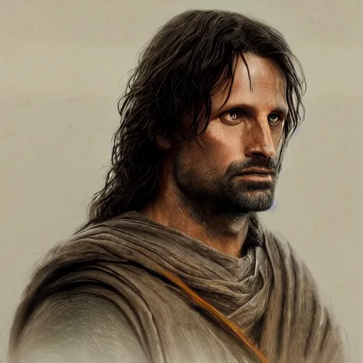 Image similar to Portrait of Aragorn, High King of the Reunited Kingdom, golden hour, detailed matte painting, cinematic, Alan Lee, Artstation