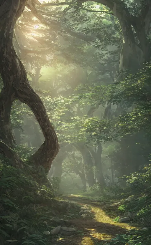 Image similar to forest path, beautiful ancient trees, hiding large treasure chest, serene evening atmosphere, soft lens, soft light, cel - shading, animation, in the style of cgsociety, deviantart, artstation, zbrush, cinema 4 d, studio ghibli, akihiko yoshida, atelier lulua, masamune shirow