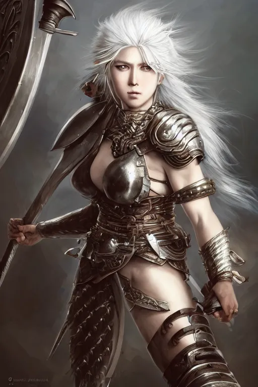 Image similar to A realistic anime portrait of a beautiful white haired female barbarian wearing an intricate viking armor, digital painting, by Stanley Artgerm Lau, Sakimichan, WLOP and Rossdraws, digital painting, painterly, Pixiv, Deviantart, golden ratio, rule of thirds, good composition, HD, 8k, award winning, promo art, splash art, rpg, jrpg, dungeons and dragons, DND, trending on ArtStation