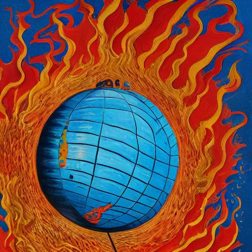 Image similar to a highly detailed painting of the world globe in flames, inspired by dali, matisse, klee, bosch, david hockney, trending on artstation, 4 k