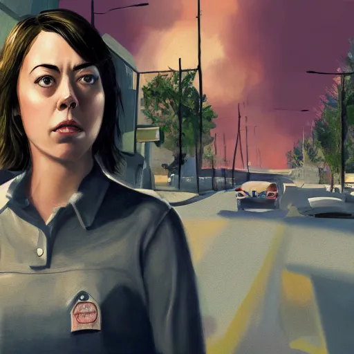 Prompt: screenshot of aubrey plaza in gta v, realistic painting, high definition, digital art, matte painting, very detailed, concept art, pixiv, deviantart, artstation, illustration, realistic