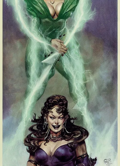 Image similar to mighty plump female sorceress, green tiara, lightning strike, strong line, muted color, beautiful! coherent! by frank frazetta, by brom