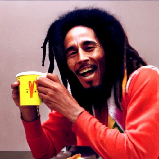 Image similar to Bob Marley eating a hamburger in McDonalds,4k quality