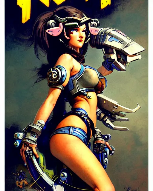 Image similar to d. va from overwatch, heavey metal magazine cover, character portrait, portrait, close up, concept art, intricate details, highly detailed, in the style of frank frazetta, esteban maroto, richard corben, pepe moreno, matt howarth, stefano tamburini, tanino liberatore, luis royo and alex ebel