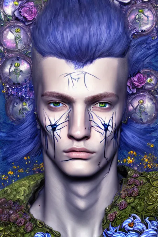 Image similar to portrait of beautiful young man, warhammer, cyber style, cyberpunk armor, a lot of more scars, more and more flowers, blue head, the middle ages, highly detailed, artstation, illustration, artgerm sylvari portrait, 8 k quality, art by gustav klimt