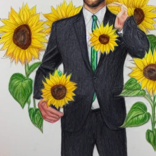 Image similar to full body shot of a man with a sunflower instead of a head wearing a business suit, color pencil sketch