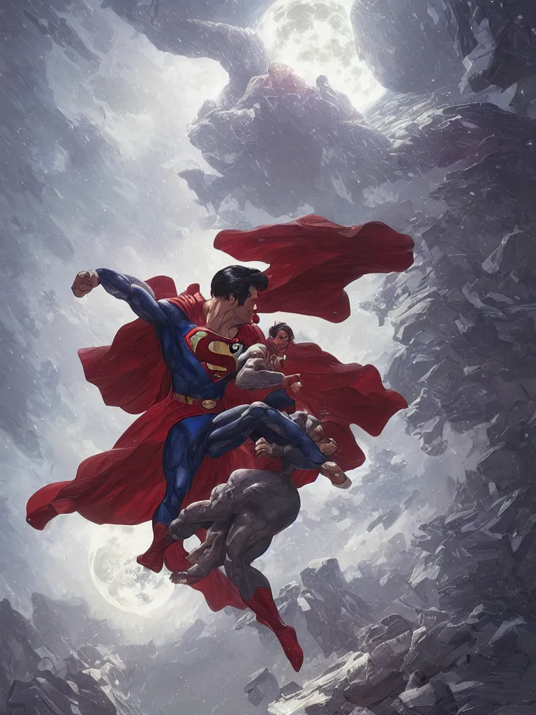 Prompt: giant superman attacking during a blizzard, highly detailed, digital illustration, artstation, concept art, matte, sharp focus, illustration, dramatic, full moon, art by artgerm and greg rutkowski and alphonse mucha