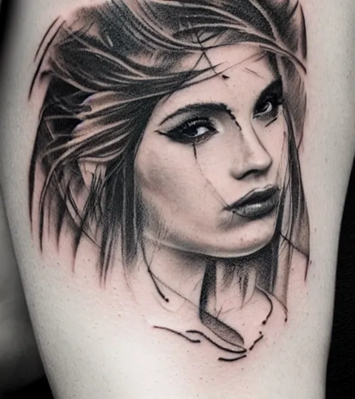 Image similar to tattoo design sketch of a beautiful girl portrait in front of a faded mountain background, in the style of den yakovlev, black and white, realism tattoo, hyper realistic, highly detailed